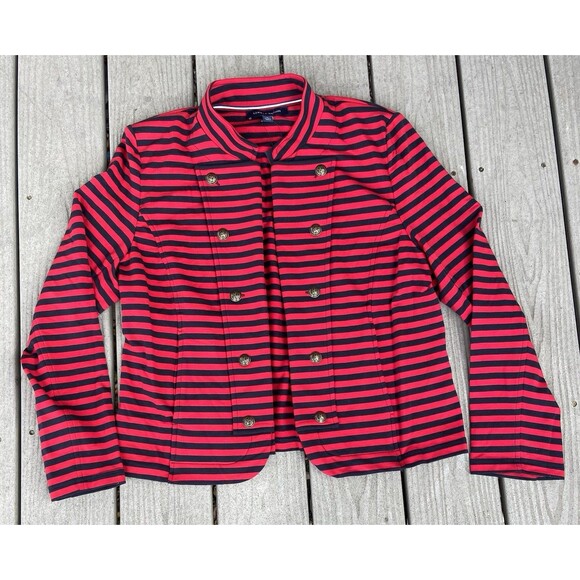 Tommy Hilfiger Striped Double Breasted Knit Blazer Red Navy Jacket Women’s XL - Picture 2 of 16